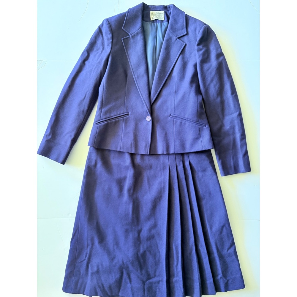 Vintage Miss Pendleton 100% Virgin Wool Navy Skirt Suit Pleated Made USA